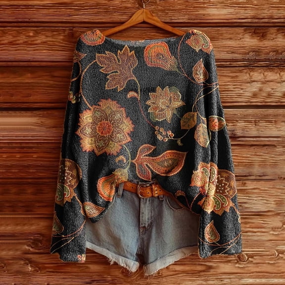 Oversized T Shirts for Women Vintage Floral Print Crew Neck T Shirt Loose Fit Soft Brushed Casual Comfortable Top Fall Long Sleeve Basic Blouses Vacation Clothes