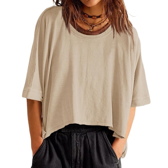 Oversized T-Shirts Womens Cropped Casual Short Sleeve Loose Fit Tee Tops