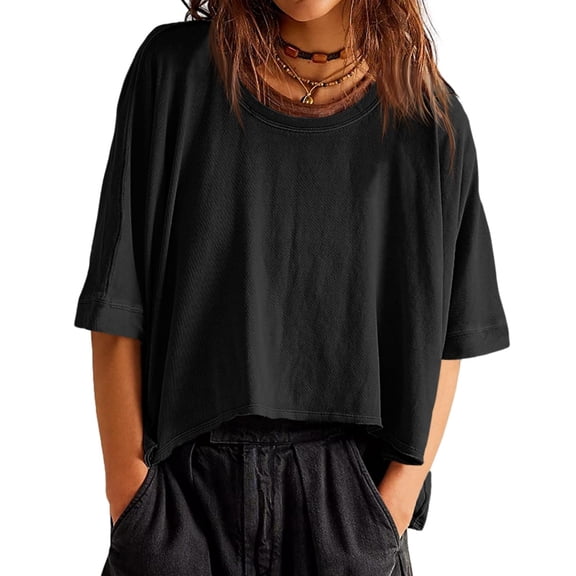 Oversized T-Shirts Womens Cropped Casual Short Sleeve Loose Fit Tee Tops
