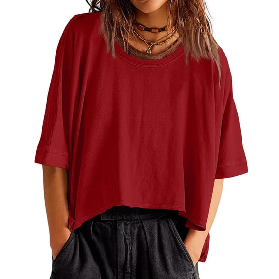 Oversized T-Shirts Womens Cropped Casual Short Sleeve Loose Fit Tee Tops