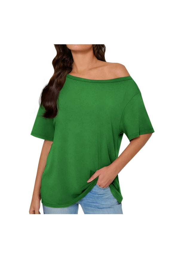 Oversized T Shirts for Womens Oblique Off-Shoulder Short Sleeve Summer Tops Solid Dressy Casual Loose Tee Shirt Teen Girls Basic Going Out Tunic T-Shirts Fashion Y2K Clothes Cute Blouses