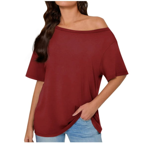 Oversized T Shirts for Womens Oblique Off-Shoulder Short Sleeve Summer Tops Solid Dressy Casual Loose Tee Shirt Teen Girls Basic Going Out Tunic T-Shirts Fashion Y2K Clothes Cute Blouses