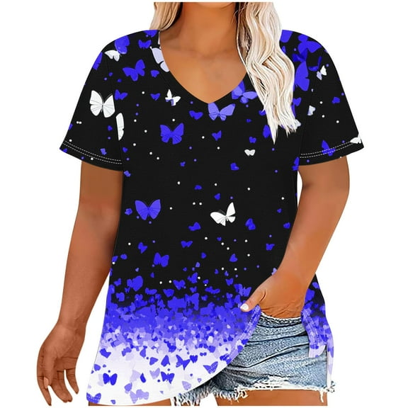 Oversized T-Shirts for Women Casual V-Neck Printing Short Sleeve T-shirt Summer Loose Breathable Blouses Plus Size Pullover Top Blue 3XL