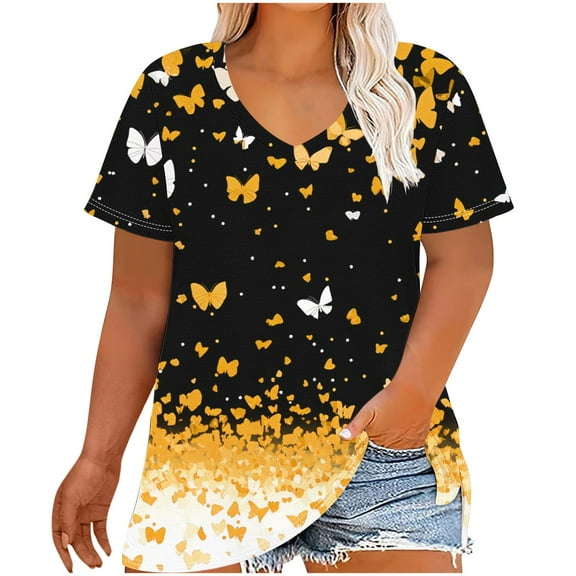 Oversized T-Shirts for Women Casual V-Neck Printing Short Sleeve T-shirt Summer Loose Breathable Blouses Plus Size Pullover Top Yellow 3XL