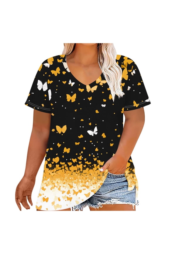 Oversized T-Shirts for Women Casual V-Neck Printing Short Sleeve T-shirt Summer Loose Breathable Blouses Plus Size Pullover Top Yellow XXL