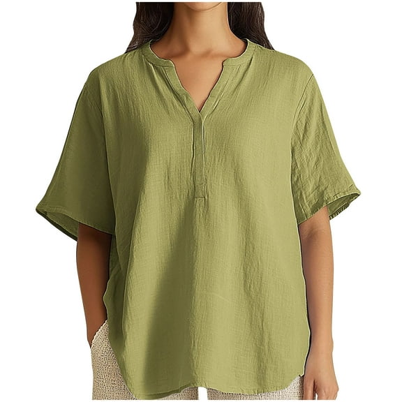 Oversized T Shirts for Women Cotton Linen V Neck Half Sleeve Plus Size Tops Casual Loose Summer Trendy Blouses (4XL, Green)
