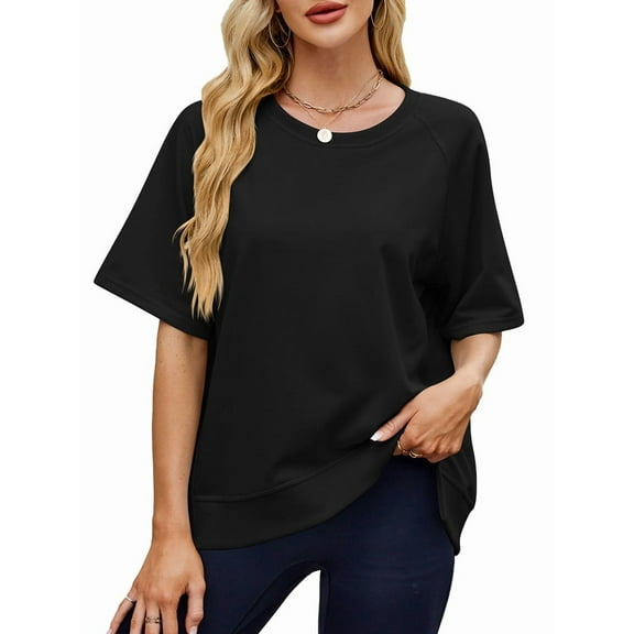 Oversized T Shirts for Women Crewneck Short Sleeve Casual Summer Tops Loose High Low Blouse Black XL