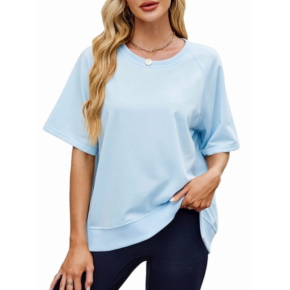Oversized T Shirts for Women Crewneck Short Sleeve Casual Summer Tops Loose High Low Blouse  Blue S
