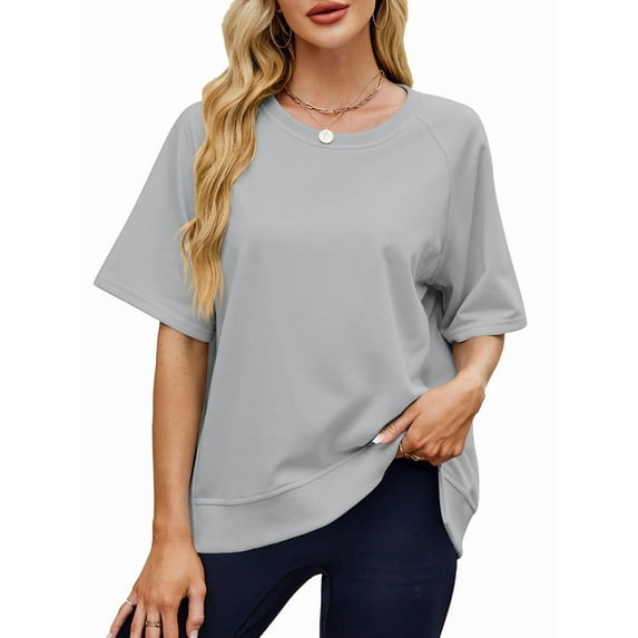 Oversized T Shirts for Women Crewneck Short Sleeve Casual Summer Tops Loose High Low Blouse Grey M