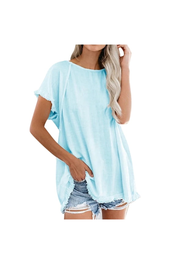 Oversized T Shirts for Women Fashion Frayed Trim Casual Linen Shirt Tops Short Sleeve Crewneck Loose Blouses Tunics