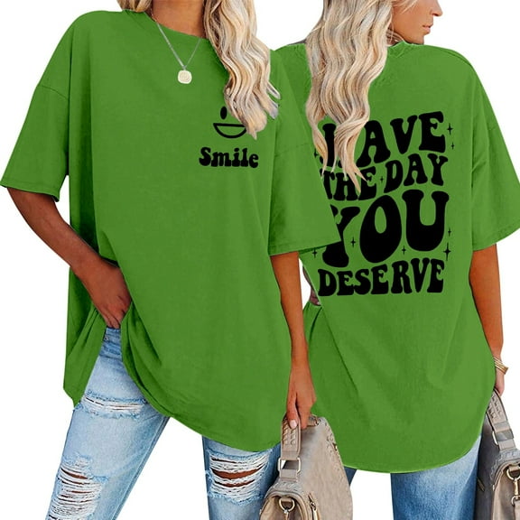 Oversized T Shirts for Women Funny Cute Letter Graphic Print Short Sleeve Crewneck Tops Trendy Vacation Casual Loose Fit Tees