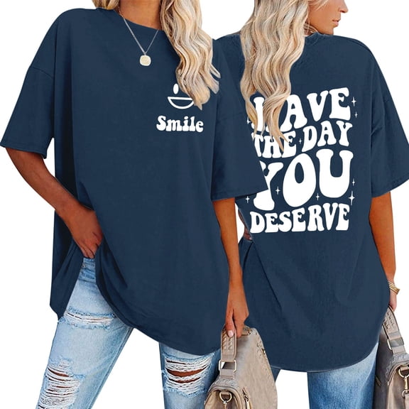 Oversized T Shirts for Women Funny Cute Letter Graphic Print Short Sleeve Crewneck Tops Trendy Vacation Casual Loose Fit Tees