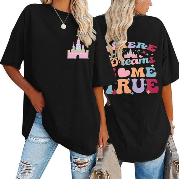 Oversized T Shirts for Women Funny Cute Letter Graphic Print Short Sleeve Crewneck Tops Trendy Vacation Casual Loose Fit Tees