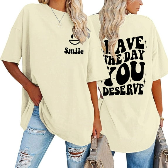 Oversized T Shirts for Women Funny Cute Letter Graphic Print Short Sleeve Crewneck Tops Trendy Vacation Casual Loose Fit Tees