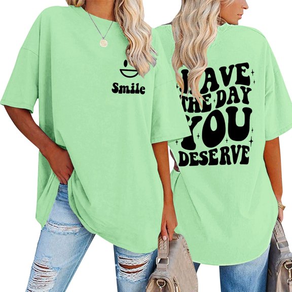Oversized T Shirts for Women Funny Cute Letter Graphic Print Short Sleeve Crewneck Tops Trendy Vacation Casual Loose Fit Tees