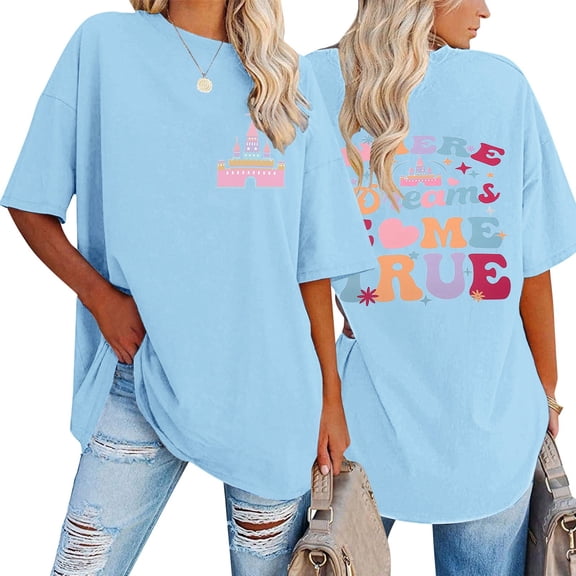 Oversized T Shirts for Women Funny Cute Letter Graphic Print Short Sleeve Crewneck Tops Trendy Vacation Casual Loose Fit Tees