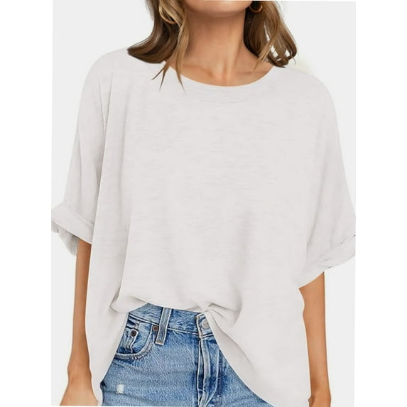 Oversized T Shirts for Women Short Sleeve Loose Fit Crewneck Summer Tops Casual Basic Rolled Sleeves Tee Shirt