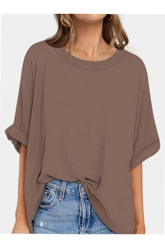 Oversized T Shirts for Women Short Sleeve Loose Fit Crewneck Summer Tops Casual Basic Rolled Sleeves Tee Shirt