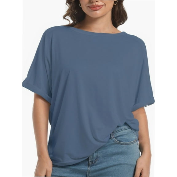 Women's Oversized Short Sleeve T-Shirt - Loose Fit Crewneck Basic Tee, Casual Summer Top with Rolled Sleeves