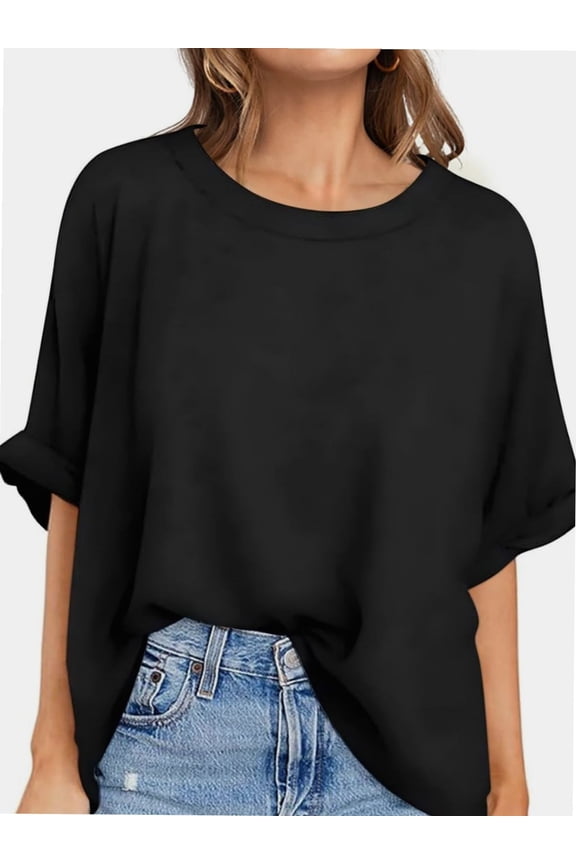 Oversized T Shirts for Women Short Sleeve Loose Fit Crewneck Summer Tops Casual Basic Rolled Sleeves Tee Shirt