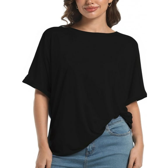 Oversized T Shirts for Women Short Sleeve Loose Fit Crewneck Summer Tops Casual Basic Rolled Sleeves Tee Shirt
