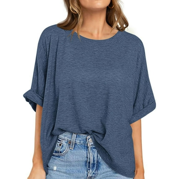 Oversized T Shirts for Women Short Sleeve Loose Fit Crewneck Summer Tops Casual Basic Rolled Sleeves Tee Shirt