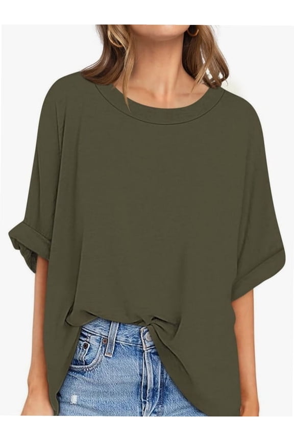 Oversized T Shirts for Women Short Sleeve Loose Fit Crewneck Summer Tops Casual Basic Rolled Sleeves Tee Shirt