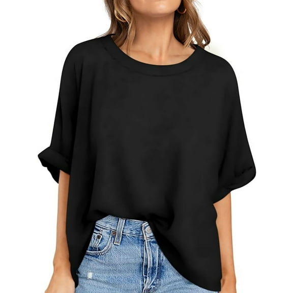 Oversized T Shirts for Women Short Sleeve Loose Fit Crewneck Summer Tops Casual Basic Rolled Sleeves Tee Shirt