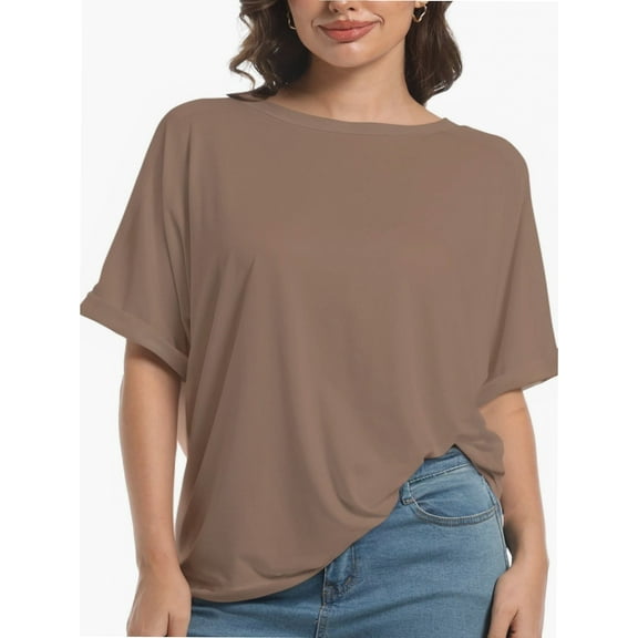 Women's Oversized Short Sleeve T-Shirt - Loose Fit Crewneck Basic Tee, Casual Summer Top with Rolled Sleeves