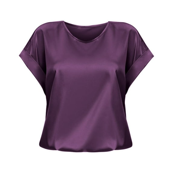 Oversized T Shirts for Women Short Sleeve Satin Loose Round Neck Blouse Brown XL