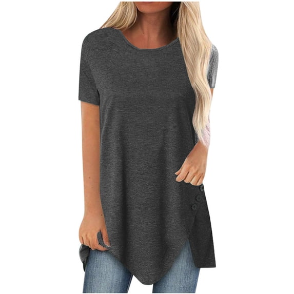 Oversized T Shirts for Women Solid Short Sleeve Casual Loose Summer Tunic Tees Tops Button Split Hem Workout Blouses