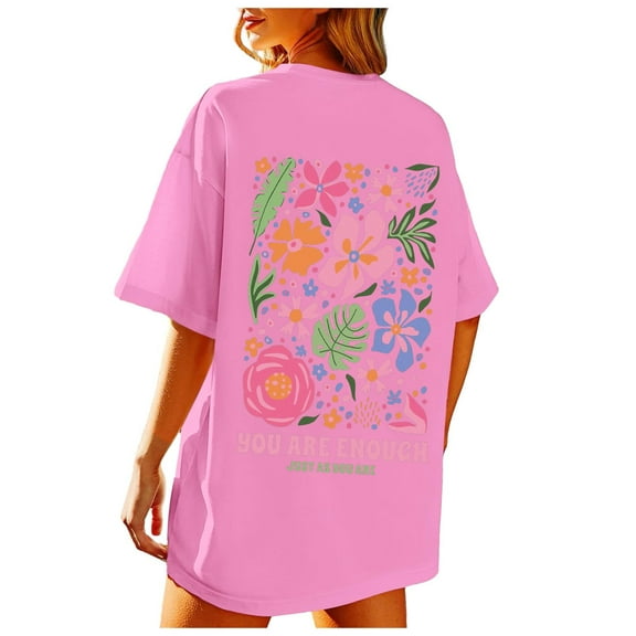 Oversized T Shirts for Women Summer Beach Flower Graphic Printed Short Sleeve Tops Casual Loose Fit Outfit Blouses