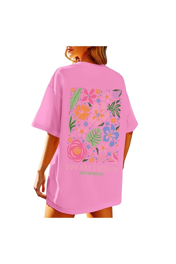Oversized T Shirts for Women Summer Beach Flower Graphic Printed Short Sleeve Tops Casual Loose Fit Outfit Blouses