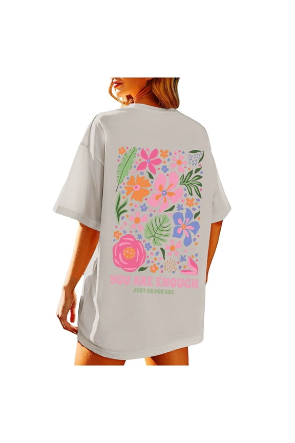 Oversized T Shirts for Women Summer Beach Flower Graphic Printed Short Sleeve Tops Casual Loose Fit Outfit Blouses
