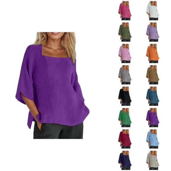 Oversized T Shirts for Women Summer Casual Cotton Linen Lightweight Short Sleeve Square Neck Plain Beach Tshirts