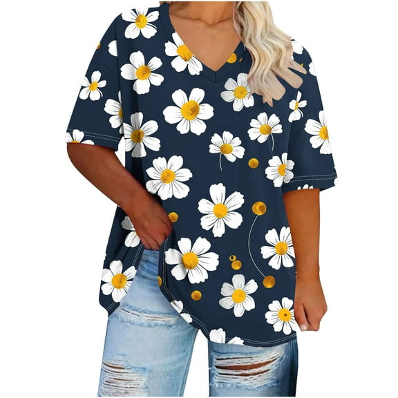 Oversized T-Shirts for Women Summer Loose Blouses Top Casual Short Sleeve TShirt V Neck Floral Print Dressy Shirts Plus Size Pullover Top