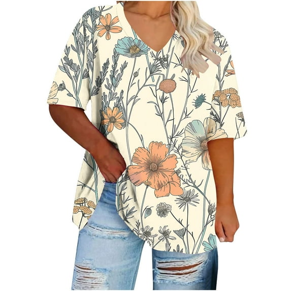 Oversized T-Shirts for Women Summer Loose Blouses Top Casual Short Sleeve TShirt V Neck Floral Print Dressy Shirts Plus Size Pullover Top