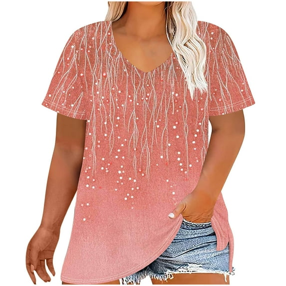 Oversized T-Shirts for Women Summer Loose Blouses Top Casual Short Sleeve TShirt V Neck Gradient Color Print Shirts Plus Size Pullover Top
