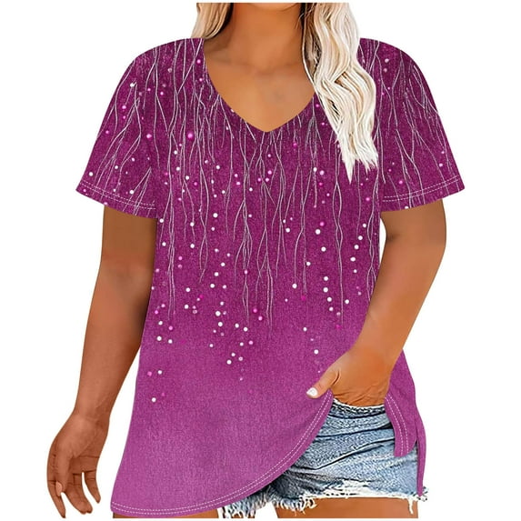 Oversized T-Shirts for Women Summer Loose Blouses Top Casual Short Sleeve TShirt V Neck Gradient Color Print Shirts Plus Size Pullover Top