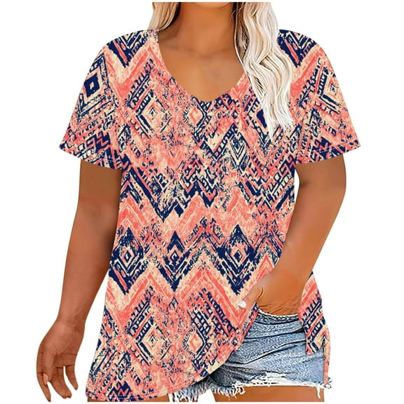 Oversized T-Shirts for Women Summer Loose Blouses Top Casual Short Sleeve TShirt V Neck Gradient Color Print Shirts Plus Size Pullover Top