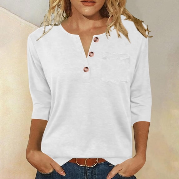 Oversized T Shirts for Women Women's Button V-Neck Tee with Pocket, 3/4 Sleeve Casual Loose Fitting T-Shirt Tops White XXL