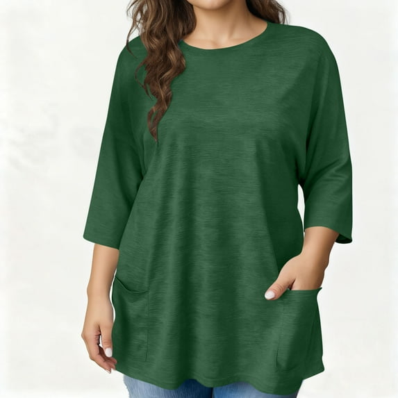 Oversized T-Shirts for Womens Blouses Spring Summer 3/4 Length Sleeve Tops Round Neck Solid Loose Shirts with pocket