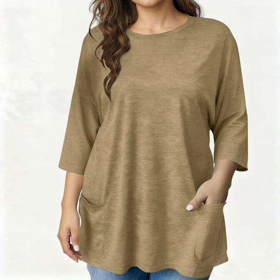 Oversized T-Shirts for Womens Blouses Spring Summer 3/4 Length Sleeve Tops Round Neck Solid Loose Shirts with pocket