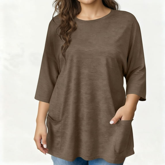 Oversized T-Shirts for Womens Blouses Spring Summer 3/4 Length Sleeve Tops Round Neck Solid Loose Shirts with pocket