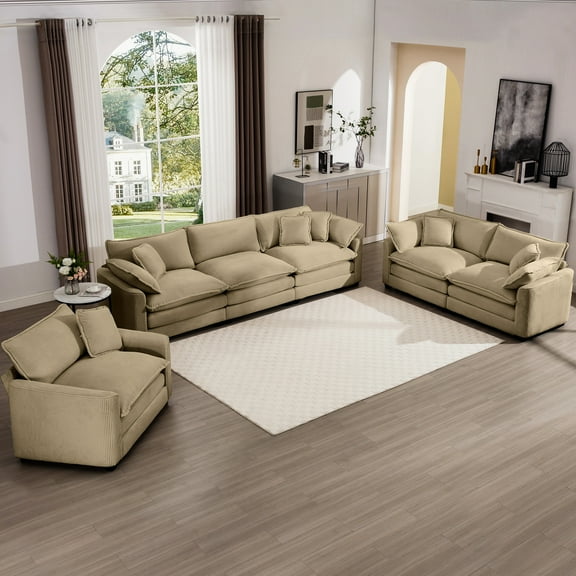 Oversized Tan Corduroy Sectional. Enjoy Cloud-like Comfort. Stylish Fabric. Suitable For Bedrooms, Home Cinemas. Easy Assembly Process 3 Piece Sectional In Corduroy. Combines Style And Practicality.