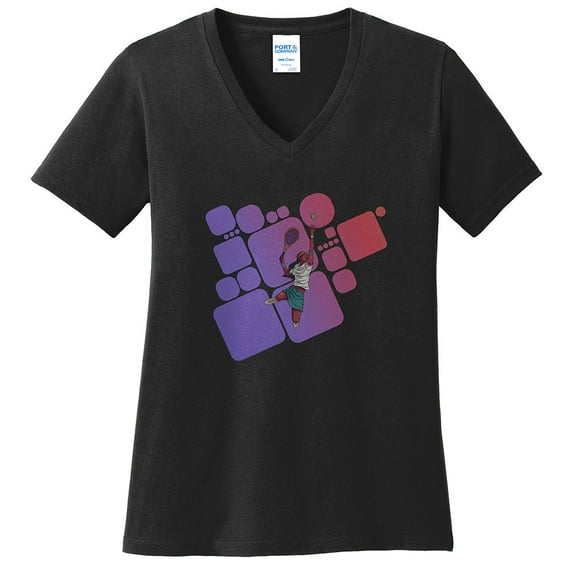 Oversized Tennis Player Serving Up Aces Graphic Design Ladies Big Size Port & Company Core Cotton V neck T-Shirt - Jet Black 2XL