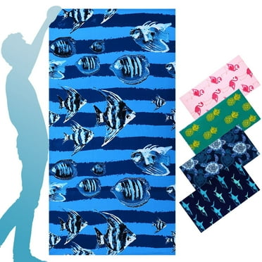 Oversized Terry Beach Towel 36 x 72 in Microfiber Soft Extra Large Long XL Pool Swim Towels,Quick Dry Super Absorbent Sandless Travel Towels Vacation Essentials Lounge Cover Gift - Navy Blue Fish