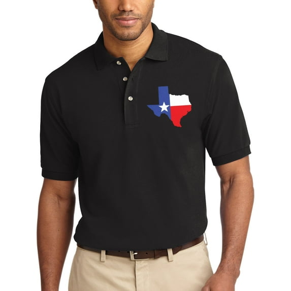 Oversized Texas State with Star Graphic Men's Big Size Port Authority Heavyweight Cotton Pique Polo T-Shirt - Black 3XL