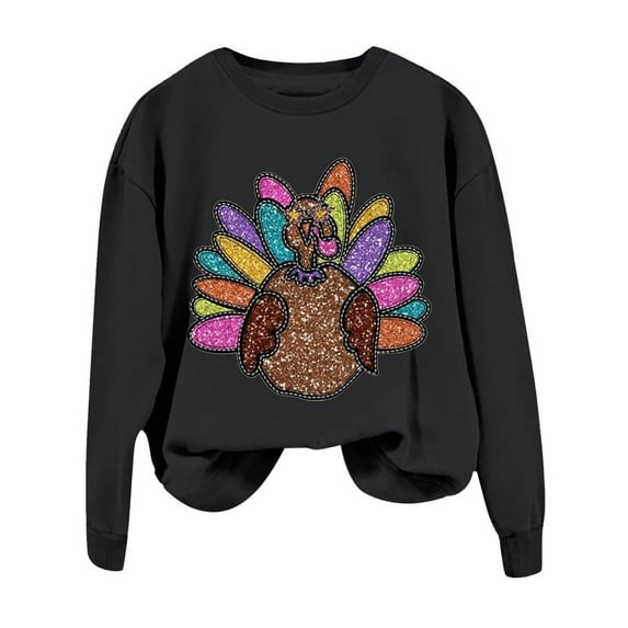 Oversized Thanksgiving Sweatshirts For Women Graphic Comfort Colors Hoodies Thanksgiving Turkey Printed Long Sleeve Crew Neck Loose Fit Pullover Black S
