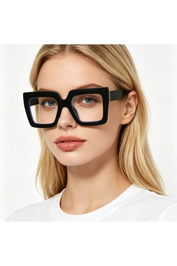 Oversized Thick Eyeglasses Blue Light Blocking Glasses with Fashion Frame Anti Eye Strain Reading Eyewear for Women Daily Office Casual Wear
